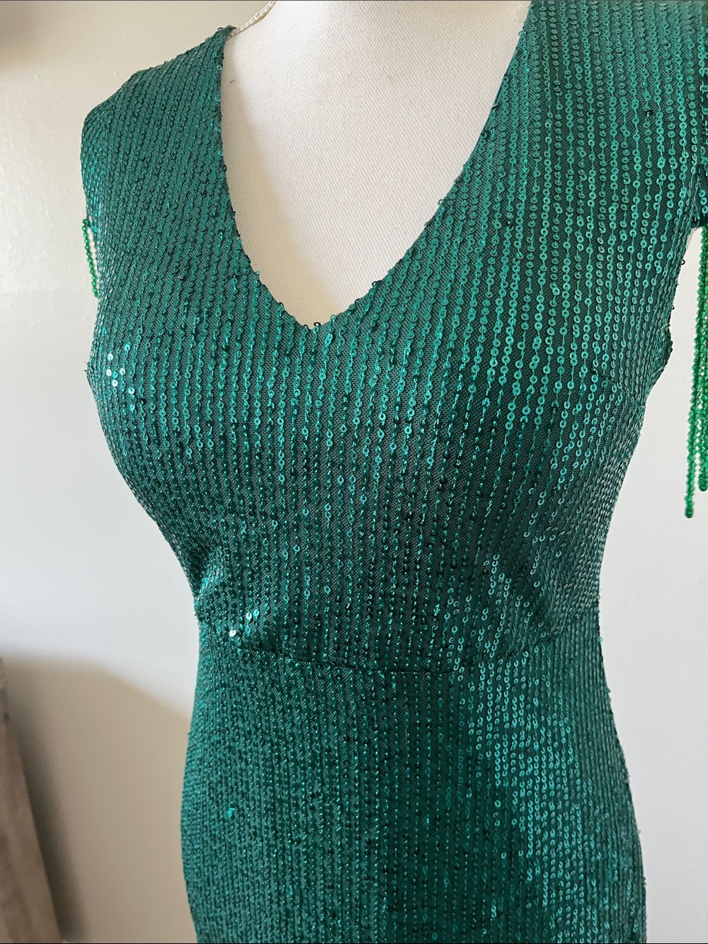 Emerald Green Sequin Fringe Maxi Dress - Picture 3 of 12